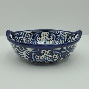 Mexican Handled Bowl Made in Mexico Blue & White Serving Candy Trinket Dish